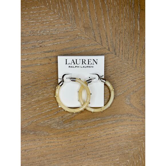 Lauren Ralph Lauren Cream Resin Studded Hoop Earrings Silver Tone NWT - Picture 3 of 4